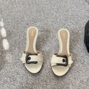 Fendi Beige Women's Mules with Black Buckle